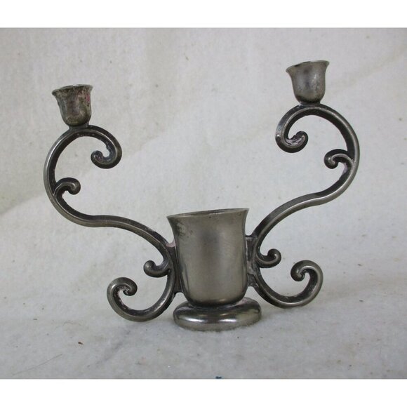 Small Candlestick, three candle stick holder, Pewter/silver metal candle holder, - Picture 4 of 5